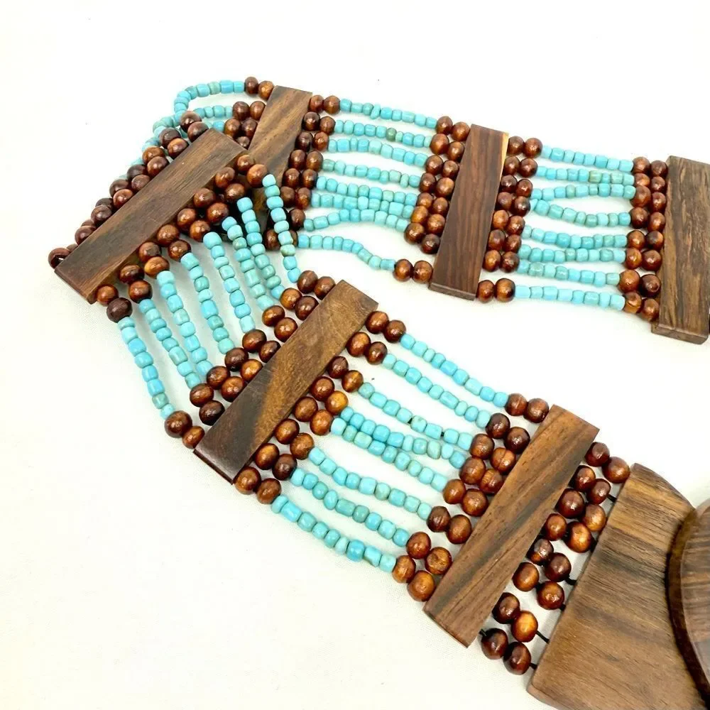 Boutique Dark Wood and Turquoise Color Beaded Boho Coastal Stretch Belt